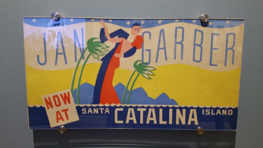 Advertisement of Jan Garber at Catalina Island with a couple dancing near palm trees