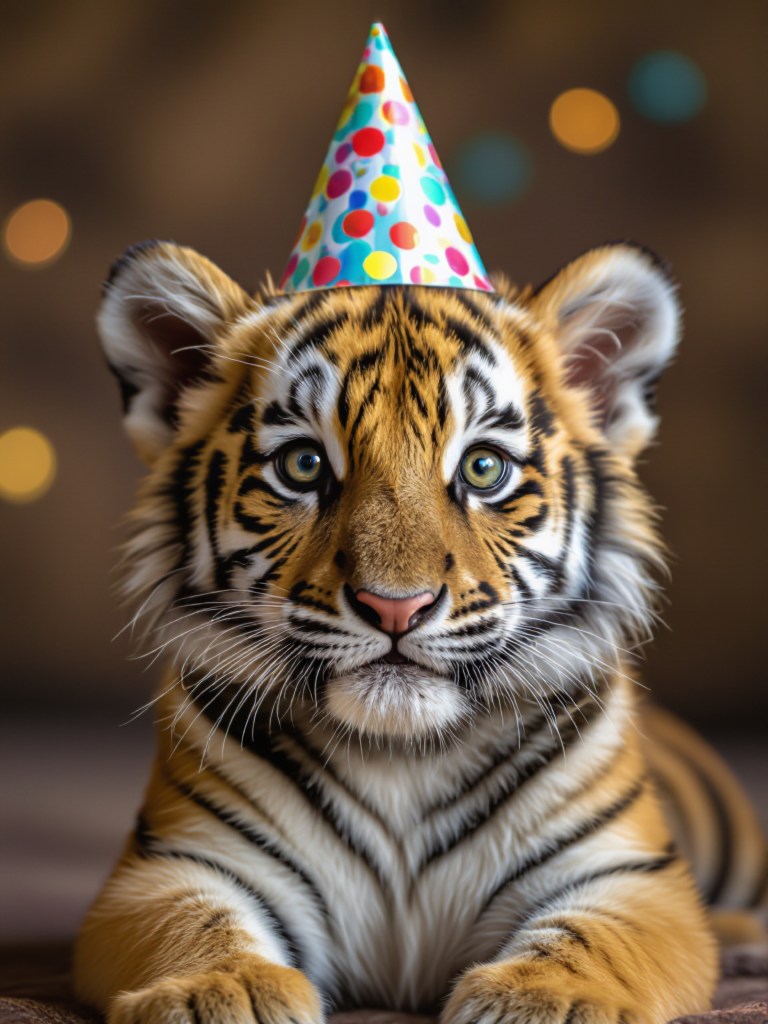 A picture of a tiger cub wearing a party hat.