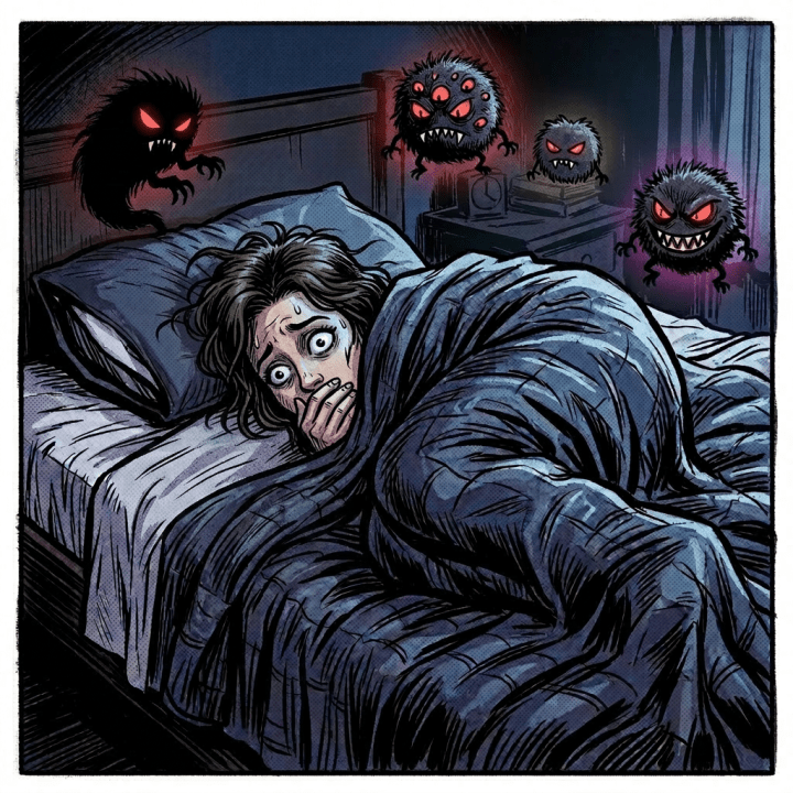 Person lying in bed covered with blanket, quiet and sleeping